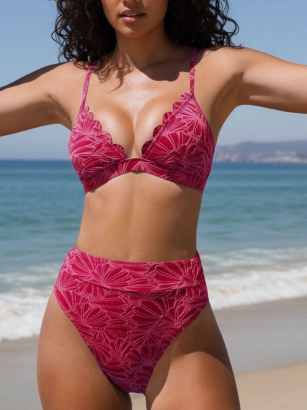 Cupshe NWT M RED TEXTURED Scallop Underwire STRAP BACK High-Waist Bikini set